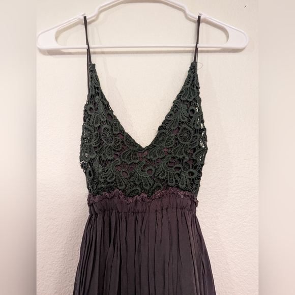 Dark Green maxi dress. Floral crochet top, backless. Size Small - Picture 1 of 10